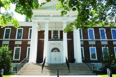 The columned entrance of the Dickinson School of Law