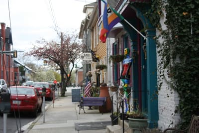 Shops and restaurants along a downtown street